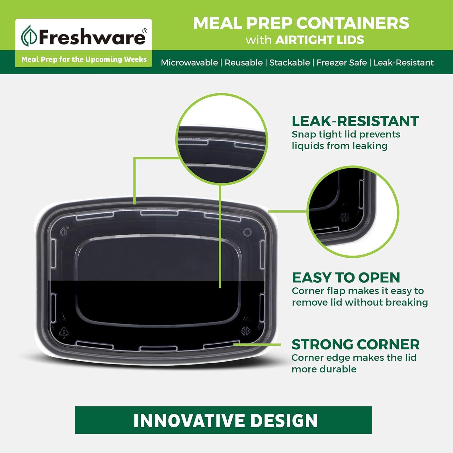 imageFreshware Meal Prep Containers 150 Pack 1 Compartment with Lids Food Storage Containers Bento Box BPA Free Stackable MicrowaveDishwasherFreezer Safe 24 oz1COMP24OZ