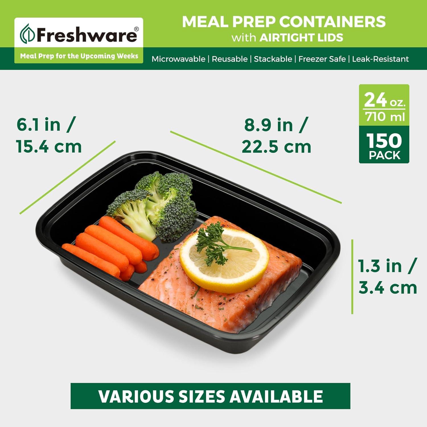imageFreshware Meal Prep Containers 150 Pack 1 Compartment with Lids Food Storage Containers Bento Box BPA Free Stackable MicrowaveDishwasherFreezer Safe 24 oz1COMP24OZ