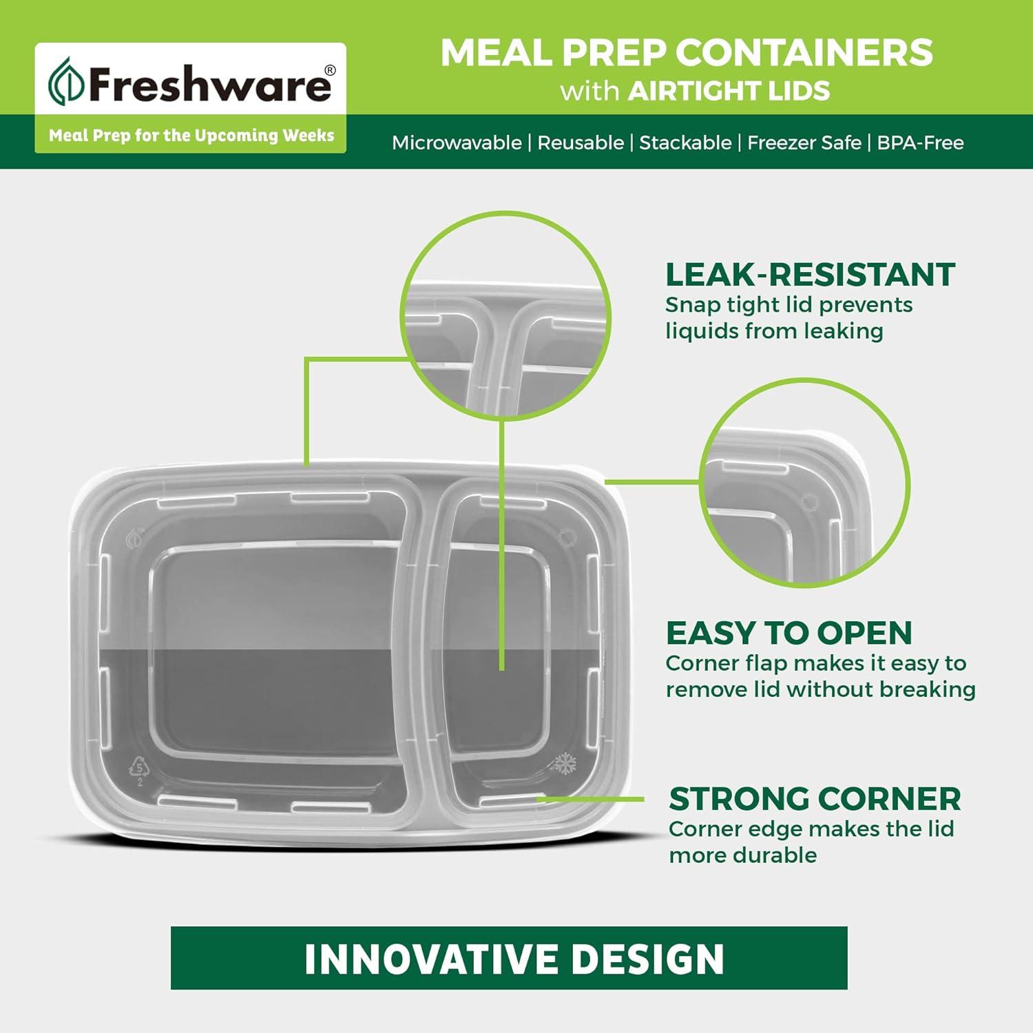 imageFreshware Meal Prep Containers 25 Pack 2 Compartment with Lids Food Storage Containers Bento Box BPA Free Stackable MicrowaveDishwasherFreezer Safe 28 oz GreyOne Size