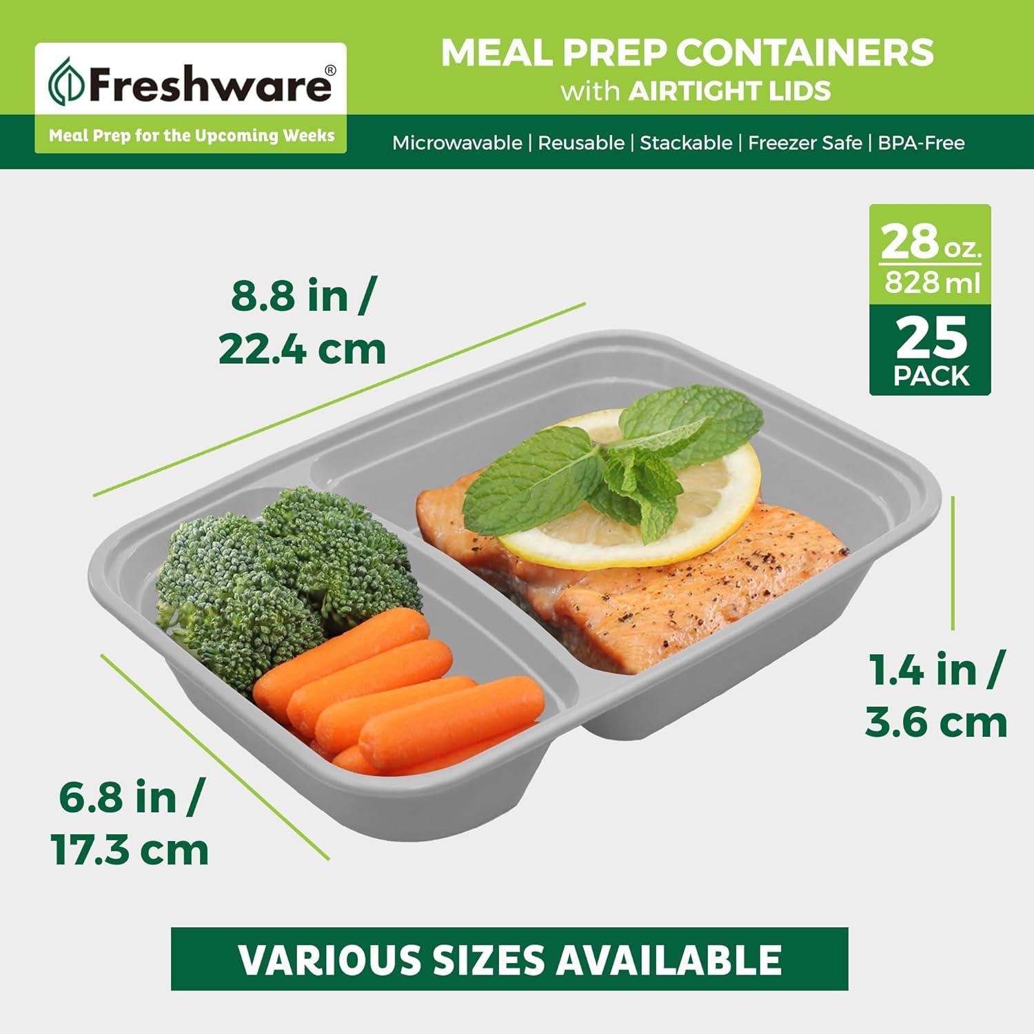 imageFreshware Meal Prep Containers 25 Pack 2 Compartment with Lids Food Storage Containers Bento Box BPA Free Stackable MicrowaveDishwasherFreezer Safe 28 oz GreyOne Size