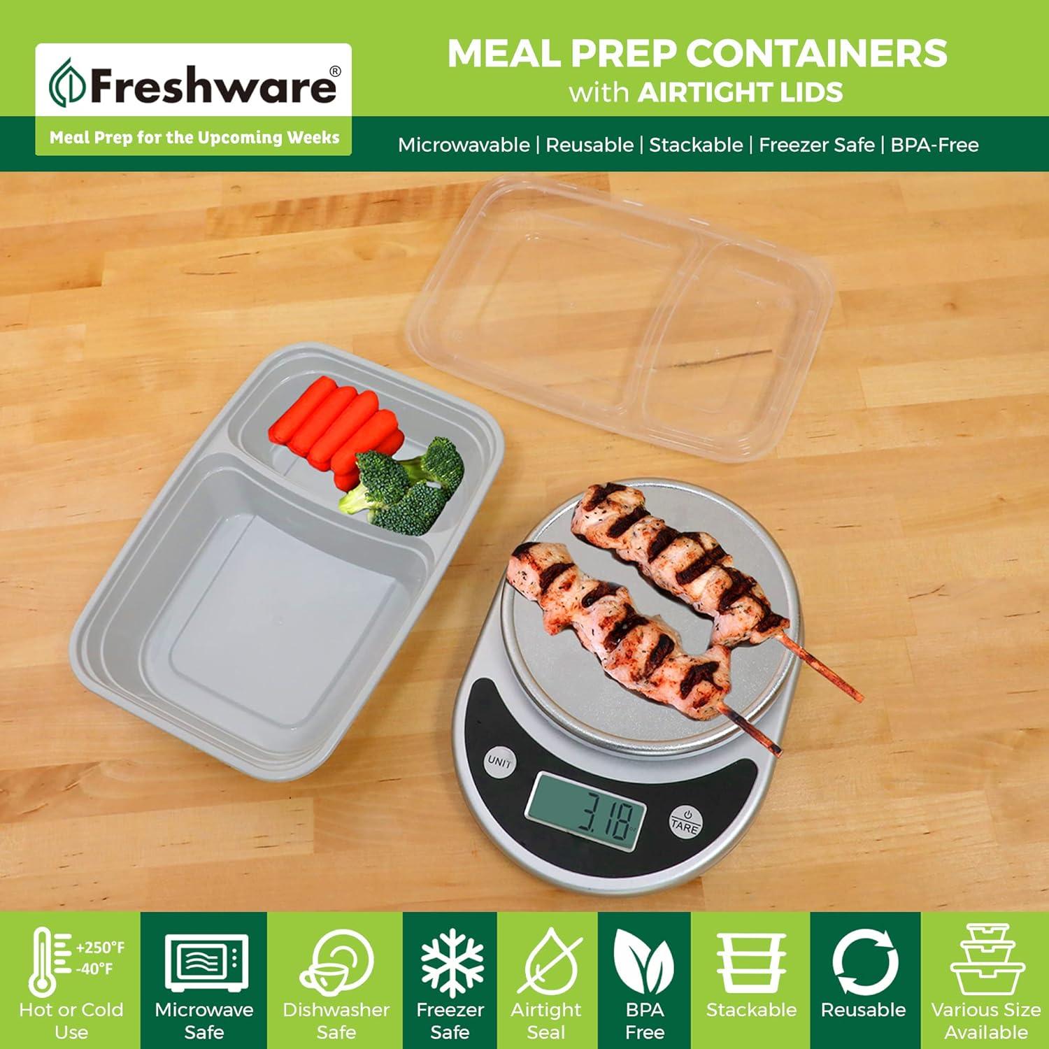 imageFreshware Meal Prep Containers 25 Pack 2 Compartment with Lids Food Storage Containers Bento Box BPA Free Stackable MicrowaveDishwasherFreezer Safe 28 oz GreyOne Size