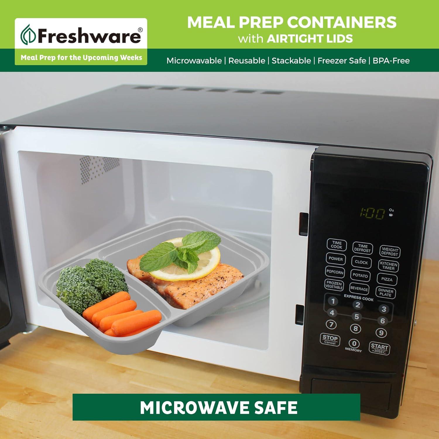 imageFreshware Meal Prep Containers 25 Pack 2 Compartment with Lids Food Storage Containers Bento Box BPA Free Stackable MicrowaveDishwasherFreezer Safe 28 oz GreyOne Size
