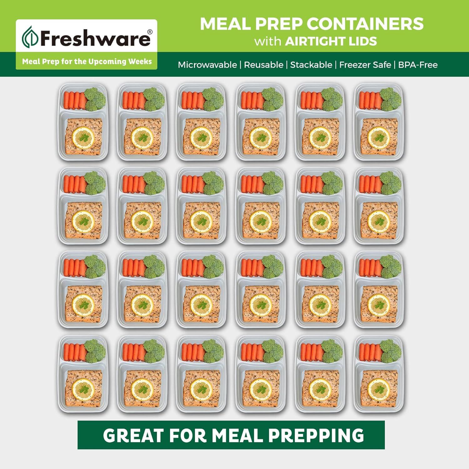 imageFreshware Meal Prep Containers 25 Pack 2 Compartment with Lids Food Storage Containers Bento Box BPA Free Stackable MicrowaveDishwasherFreezer Safe 28 oz GreyOne Size