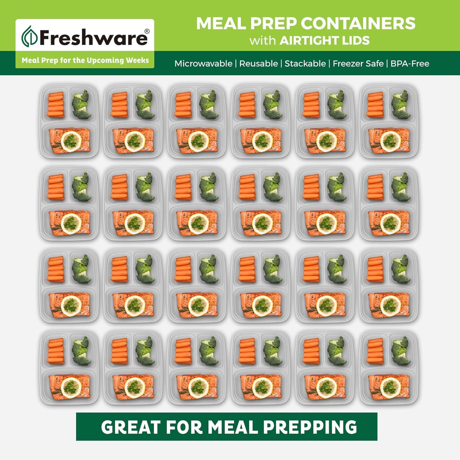 imageFreshware Meal Prep Containers 25 Pack 3 Compartment with Lids Food Storage Containers Bento Box BPA Free Stackable MicrowaveDishwasherFreezer Safe 24 oz