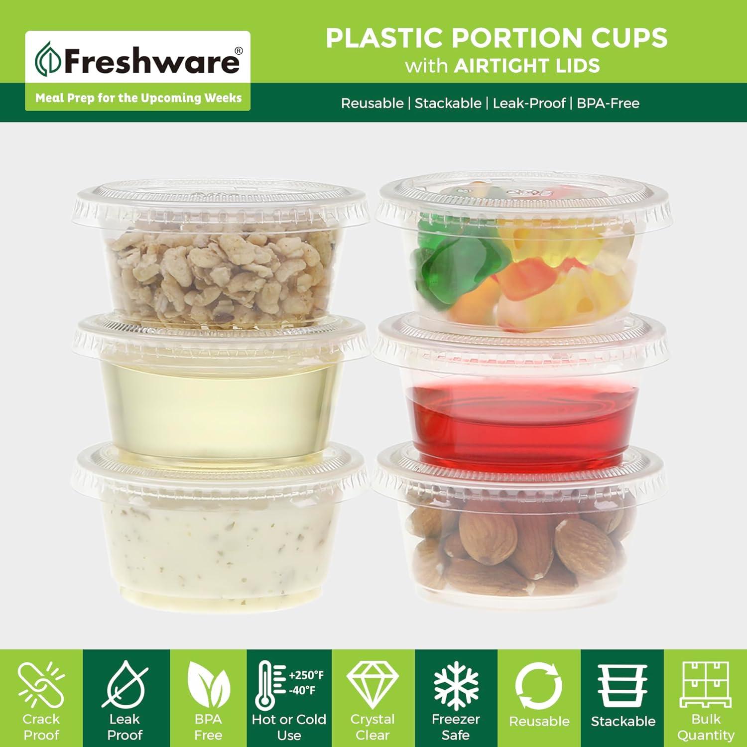 imageFreshware Plastic Portion Cups with Lids 2 Ounce 200 Sets Disposable Plastic Cups for Meal Prep Salad Dressing Jellos Shot Cups Souffle Cups Condiment and Dipping Sauce Cups