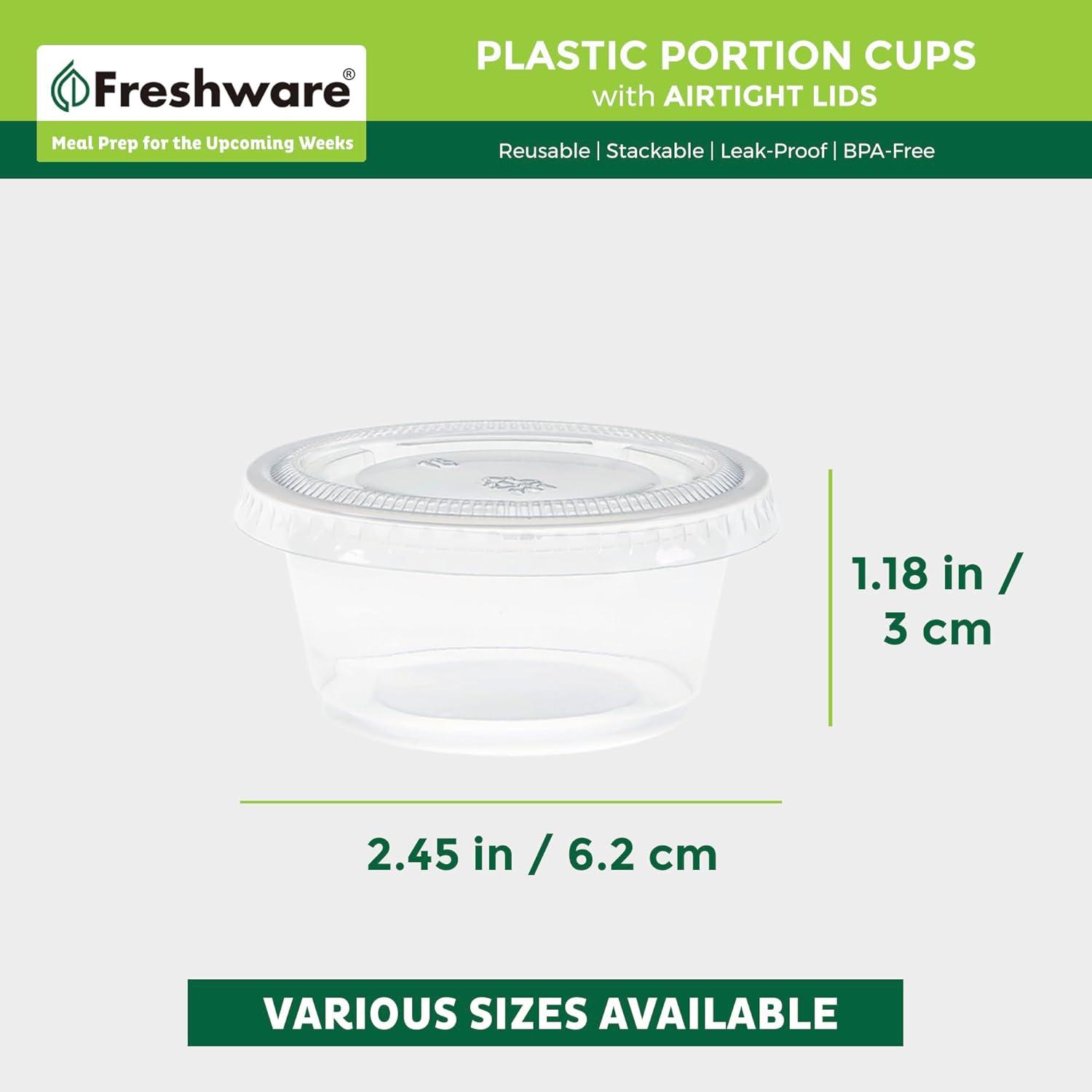 imageFreshware Plastic Portion Cups with Lids 2 Ounce 200 Sets Disposable Plastic Cups for Meal Prep Salad Dressing Jellos Shot Cups Souffle Cups Condiment and Dipping Sauce Cups