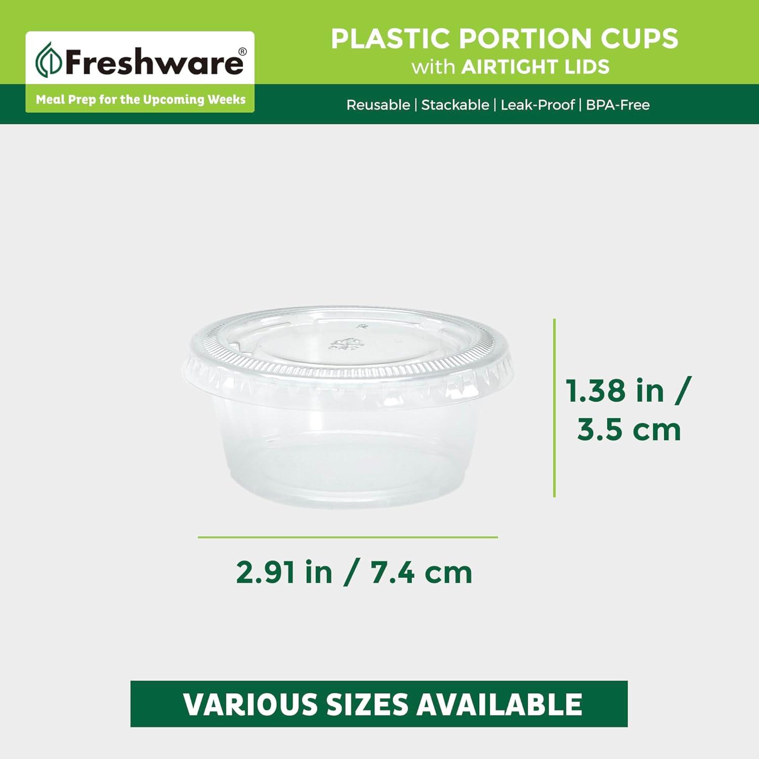imageFreshware Plastic Portion Cups with Lids 325 Ounce 100 Sets Disposable Plastic Cups for Meal Prep Salad Dressing Jellos Shot Cups Souffle Cups Condiment and Dipping Sauce Cups325 oz 100 sets