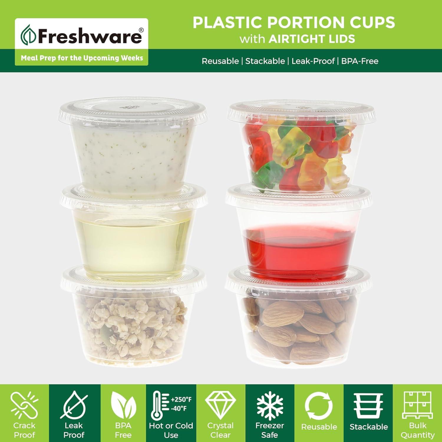 imageFreshware Plastic Portion Cups with Lids 325 Ounce 100 Sets Disposable Plastic Cups for Meal Prep Salad Dressing Jellos Shot Cups Souffle Cups Condiment and Dipping Sauce Cups4 oz 100 sets