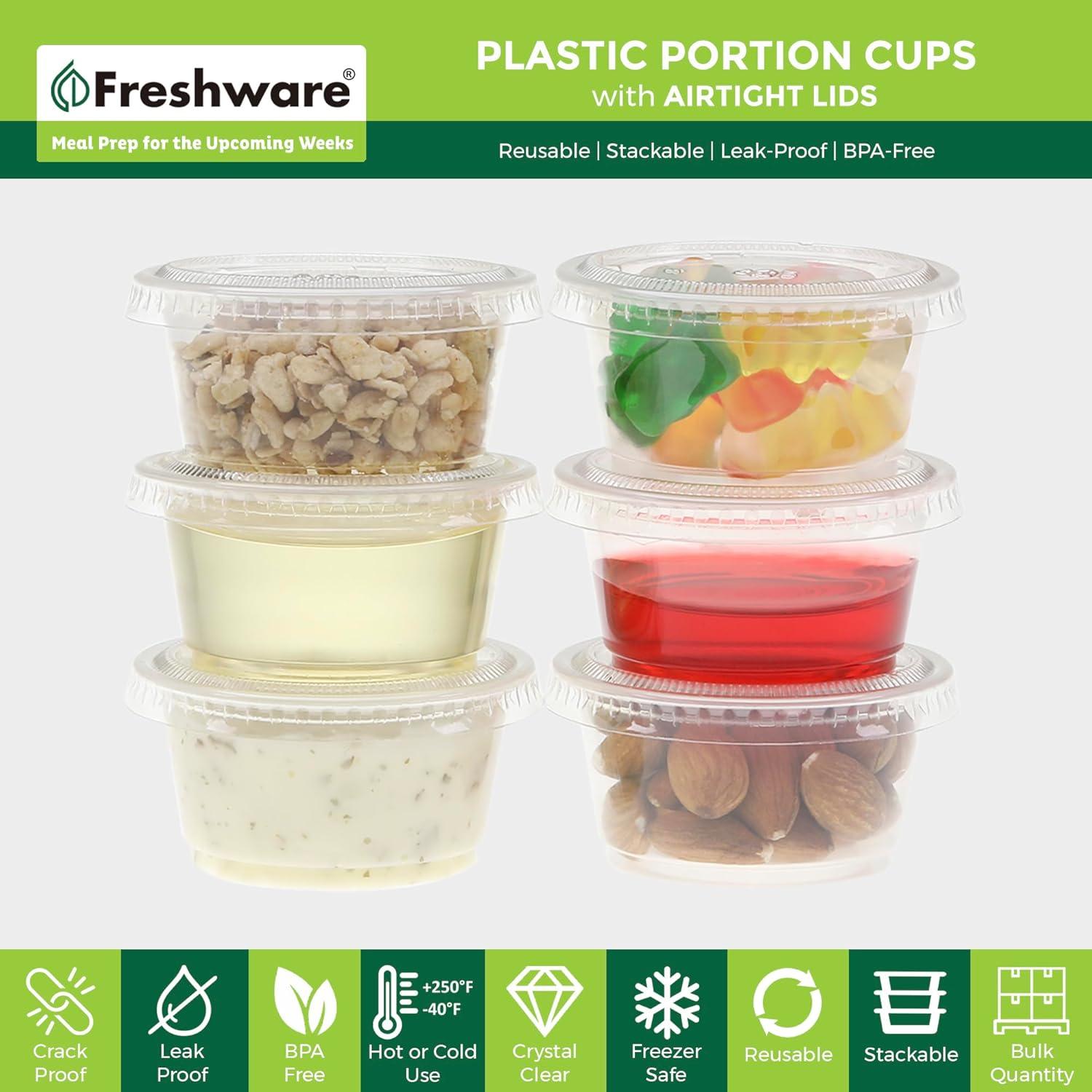 imageFreshware Plastic Portion Cups with Lids 325 Ounce 100 Sets Disposable Plastic Cups for Meal Prep Salad Dressing Jellos Shot Cups Souffle Cups Condiment and Dipping Sauce Cups325 oz 100 sets