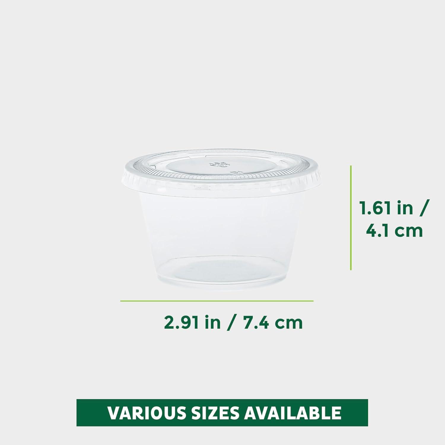 imageFreshware Plastic Portion Cups with Lids 325 Ounce 100 Sets Disposable Plastic Cups for Meal Prep Salad Dressing Jellos Shot Cups Souffle Cups Condiment and Dipping Sauce Cups4 oz 100 sets