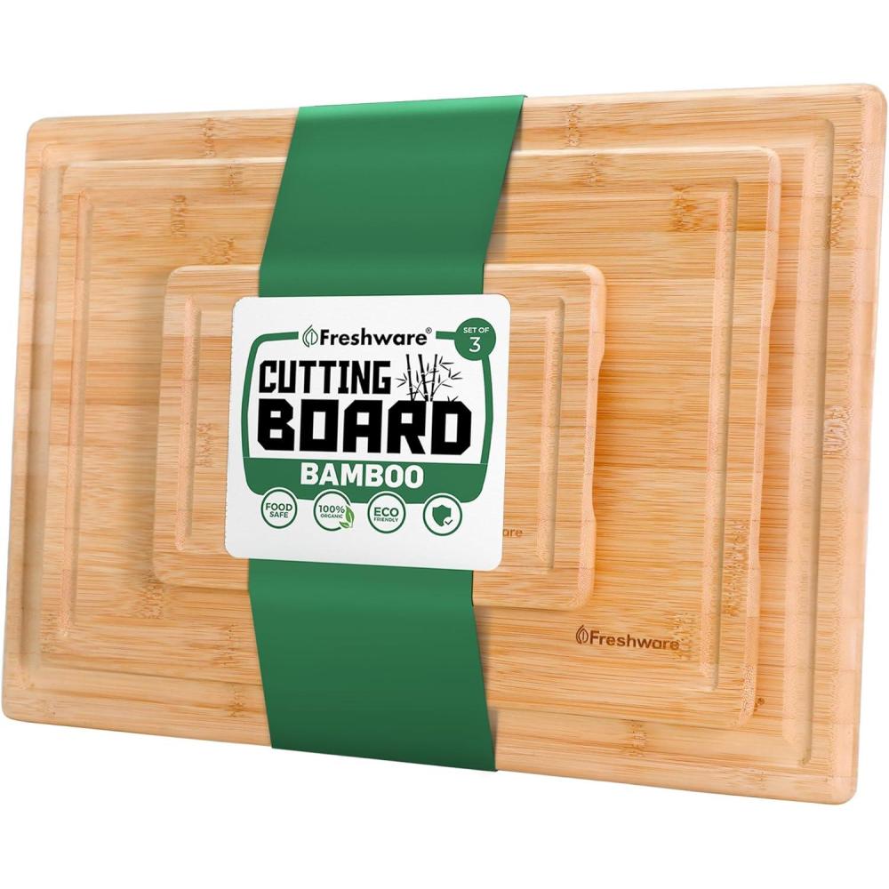 imageBamboo Cutting Boards for Kitchen with Juice Groove ExtraLarge Wood Cutting Board for Chopping Meat Vegetables Fruits Cheese Knife Friendly Serving Tray with Handles 18 x 125 InchLarge Set of 3