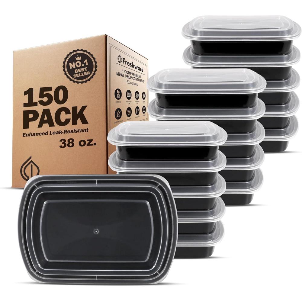 imageFreshware Meal Prep Containers 150 Pack 1 Compartment with Lids Food Storage Containers Bento Box BPA Free Stackable MicrowaveDishwasherFreezer Safe 24 oz1COMP38OZ