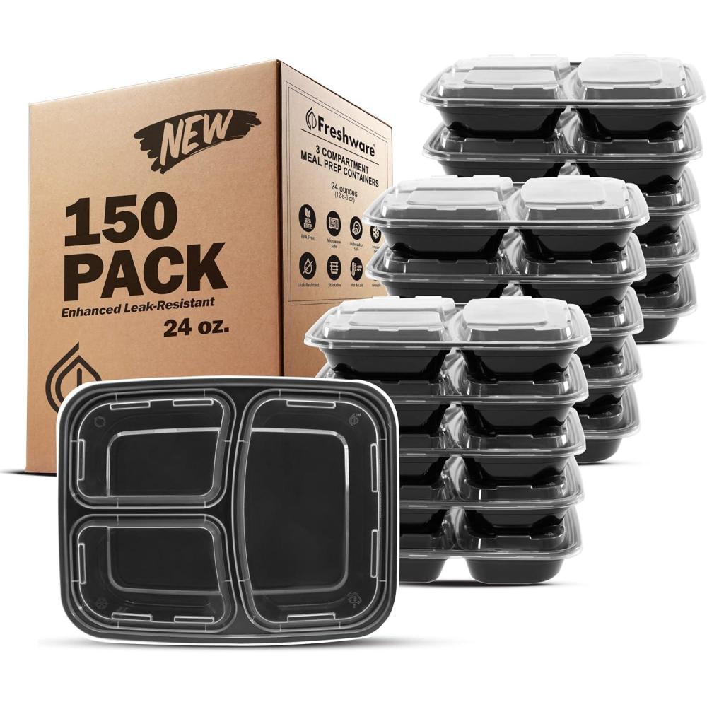 imageFreshware Meal Prep Containers 150 Pack 3 Compartment with Lids Food Storage Containers Bento Box BPA Free Stackable MicrowaveDishwasherFreezer Safe 24 oz