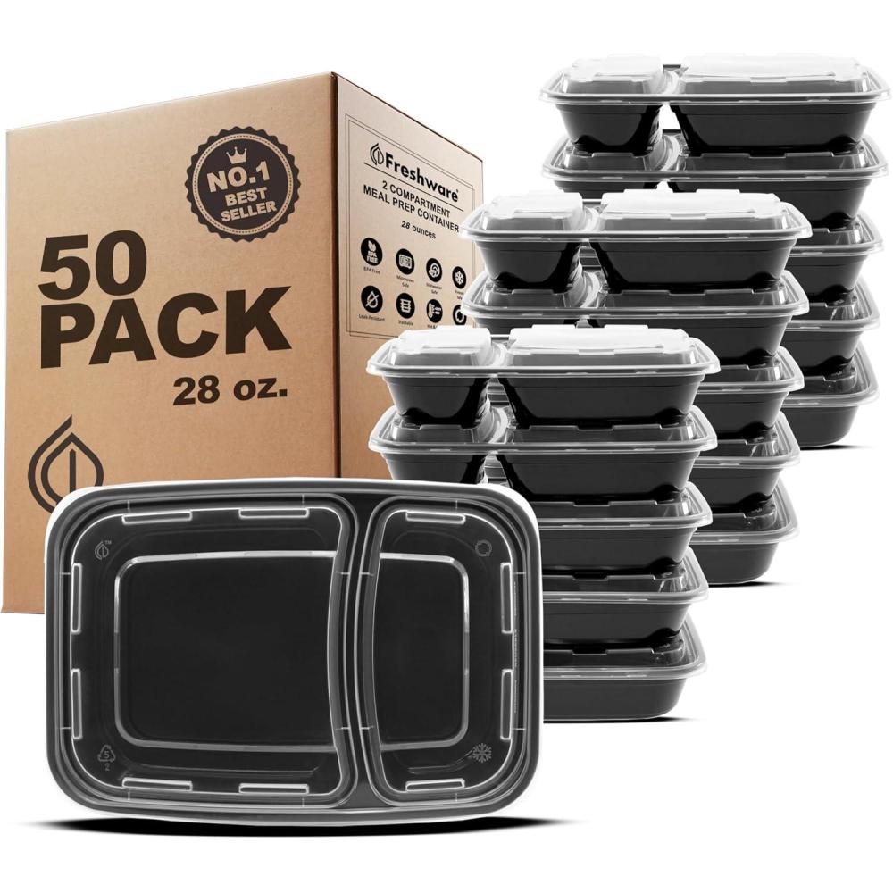 imageFreshware Meal Prep Containers 50 Pack 2 Compartment with Lids Food Storage Containers Bento Box BPA Free Stackable MicrowaveDishwasherFreezer Safe 28 oz