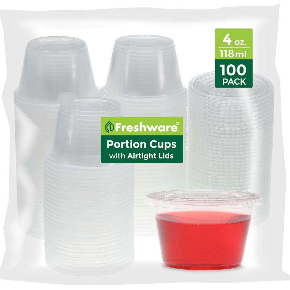 imageFreshware Plastic Portion Cups with Lids 325 Ounce 100 Sets Disposable Plastic Cups for Meal Prep Salad Dressing Jellos Shot Cups Souffle Cups Condiment and Dipping Sauce Cups4 oz 100 sets