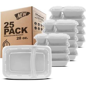 Freshware Meal Prep Containers [25 Pack] 2 Compartment with Lids, Food Storage Containers, Bento Box, BPA Free, Stackable, Microwave/Dishwasher/Freezer Safe (28 oz) Grey(One Size)