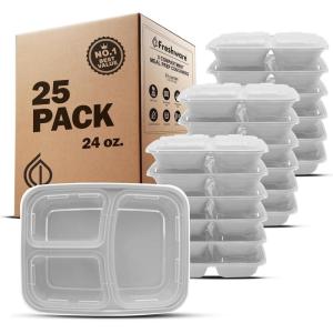 Freshware Meal Prep Containers [25 Pack] 3 Compartment with Lids, Food Storage Containers, Bento Box, BPA Free, Stackable, Microwave/Dishwasher/Freezer Safe (24 oz)