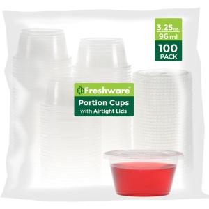 Freshware Plastic Portion Cups with Lids [3.25 Ounce, 100 Sets] Disposable Plastic Cups for Meal Prep, Salad Dressing, Jellos Shot Cups, Souffle Cups, Condiment and Dipping Sauce Cups(3.25 oz – 100 sets)