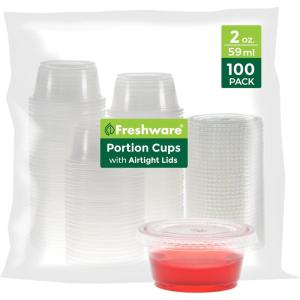 Freshware Plastic Portion Containers with Lids [2 Ounce, 100 Sets] – Clear, Meal Prep, Salad Dressing, Jello Shot & Dipping Sauce Cups