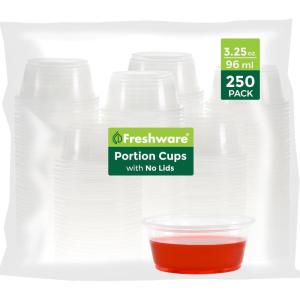 Freshware Plastic Portion Cups (No Lids) [4 Ounce, 250 Count] Disposable Plastic Cups for Meal Prep, Salad Dressing, Jellos Shot Cups, Souffle Cups, Condiment and Dipping Sauce Cups(3.25 oz – 250 cups)