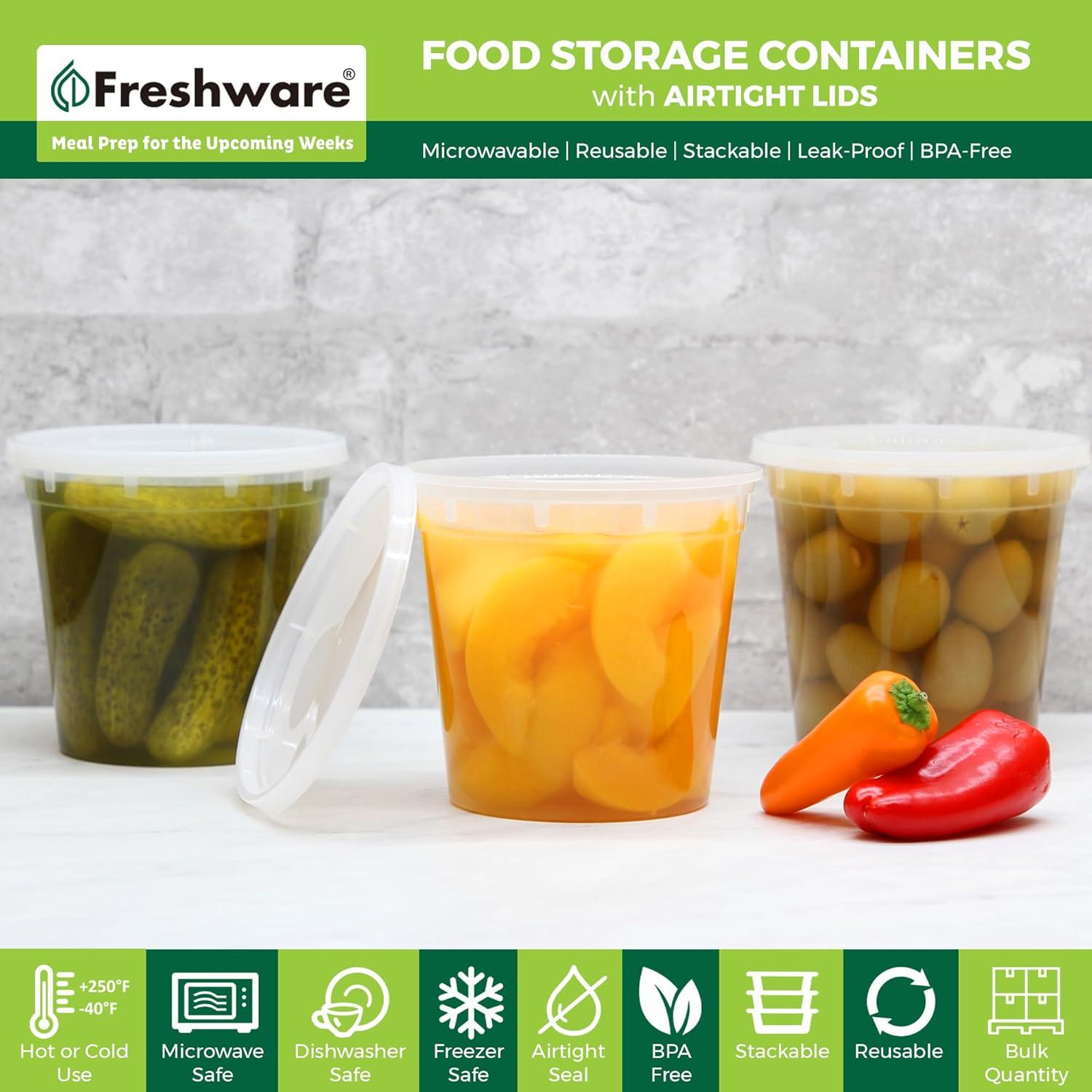 imageFreshware Food Storage Containers 24 Set 32 oz Plastic Deli Containers with Lids Slime Soup Meal Prep Containers BPA Free Stackable Leakproof Dishwasher and Freezer Safe Translucent24 oz 240 Sets