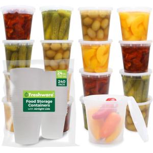 Freshware Food Storage Containers [24 Set] 32 oz Plastic Deli Containers with Lids, Slime, Soup, Meal Prep Containers, BPA Free, Stackable, Leakproof, Dishwasher and Freezer Safe, Translucent(24 oz – 240 Sets)