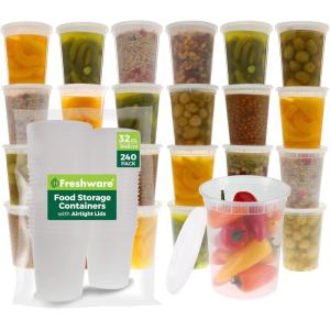 Freshware Food Storage Containers [24 Set] 32 oz Plastic Deli Containers with Lids, Slime, Soup, Meal Prep Containers, BPA Free, Stackable, Leakproof, Dishwasher and Freezer Safe, Translucent(32 oz – 240 Sets)