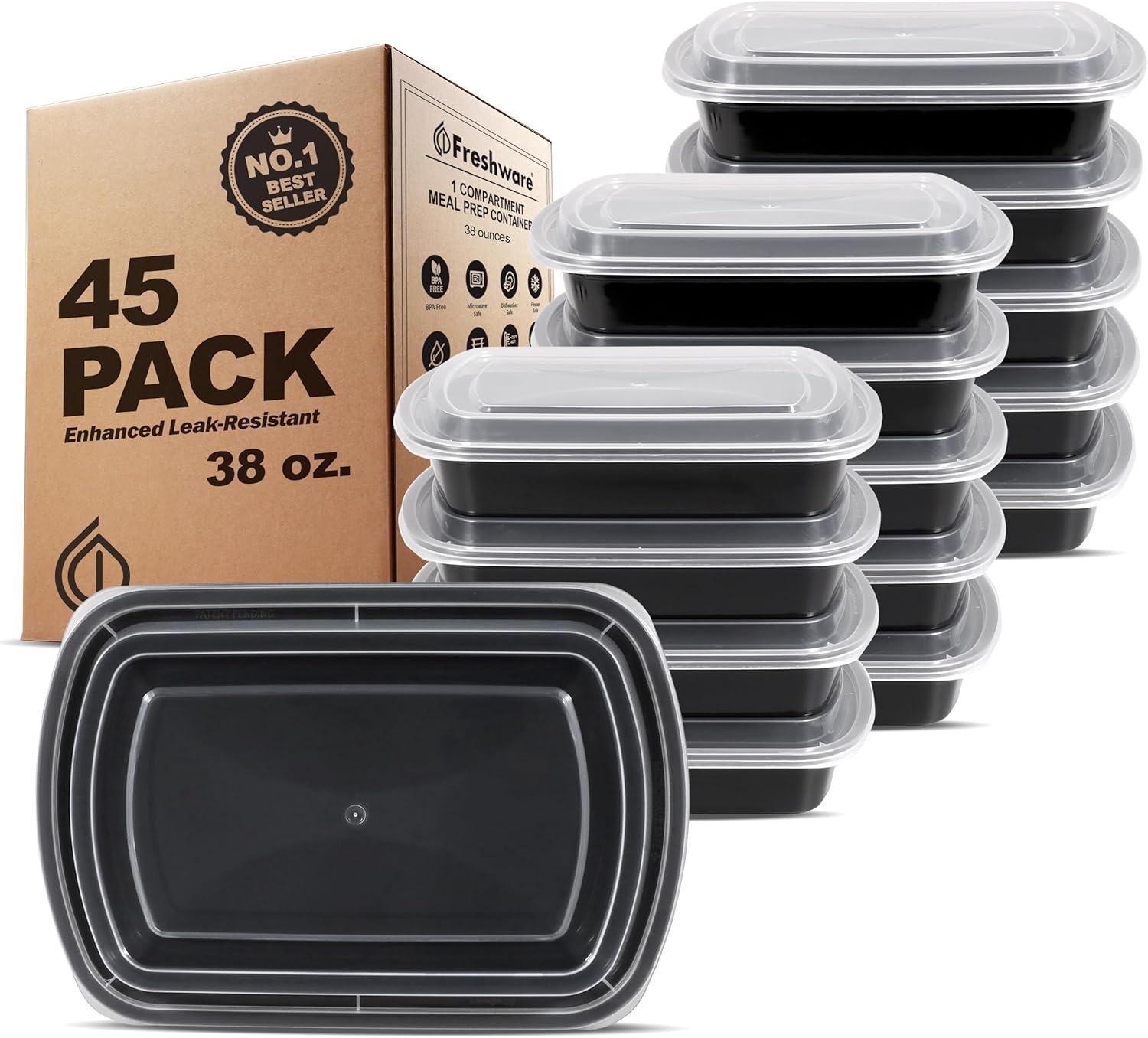imageFreshware Meal Prep Containers 150 Pack 1 Compartment Food Storage Containers with Lids Bento Box BPA Free Stackable MicrowaveDishwasherFreezer Safe 28 ozBlack