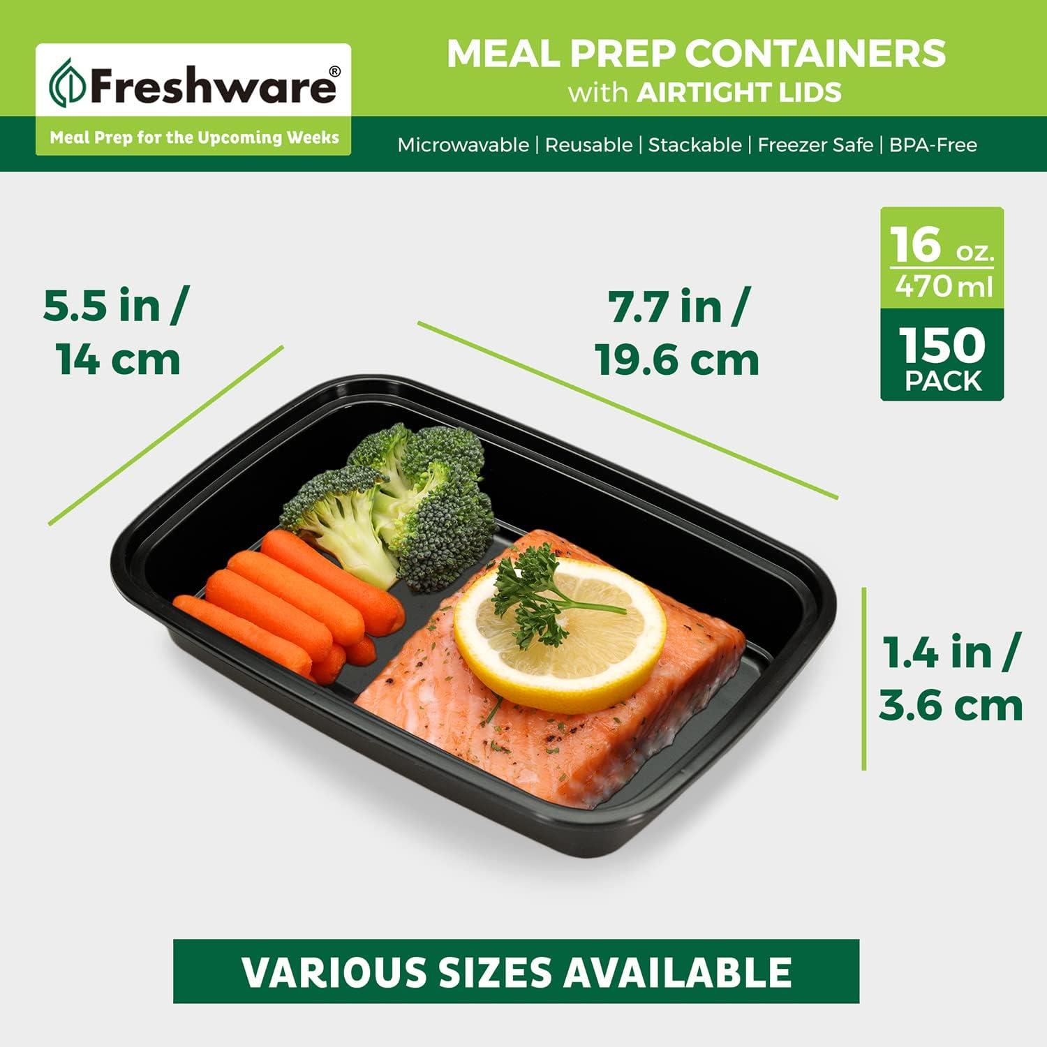 imageFreshware Meal Prep Containers 150 Pack 1 Compartment Food Storage Containers with Lids Bento Box BPA Free Stackable MicrowaveDishwasherFreezer Safe 28 ozBlack