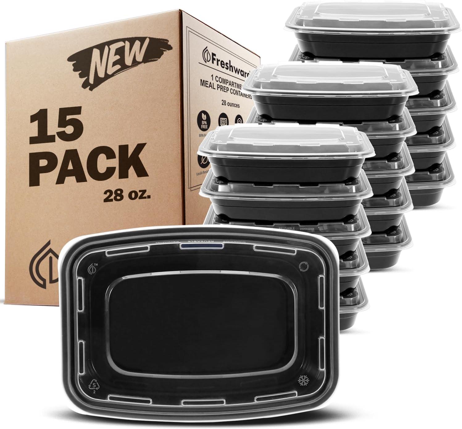 imageFreshware Meal Prep Containers 150 Pack 1 Compartment Food Storage Containers with Lids Bento Box BPA Free Stackable MicrowaveDishwasherFreezer Safe 28 ozBlack