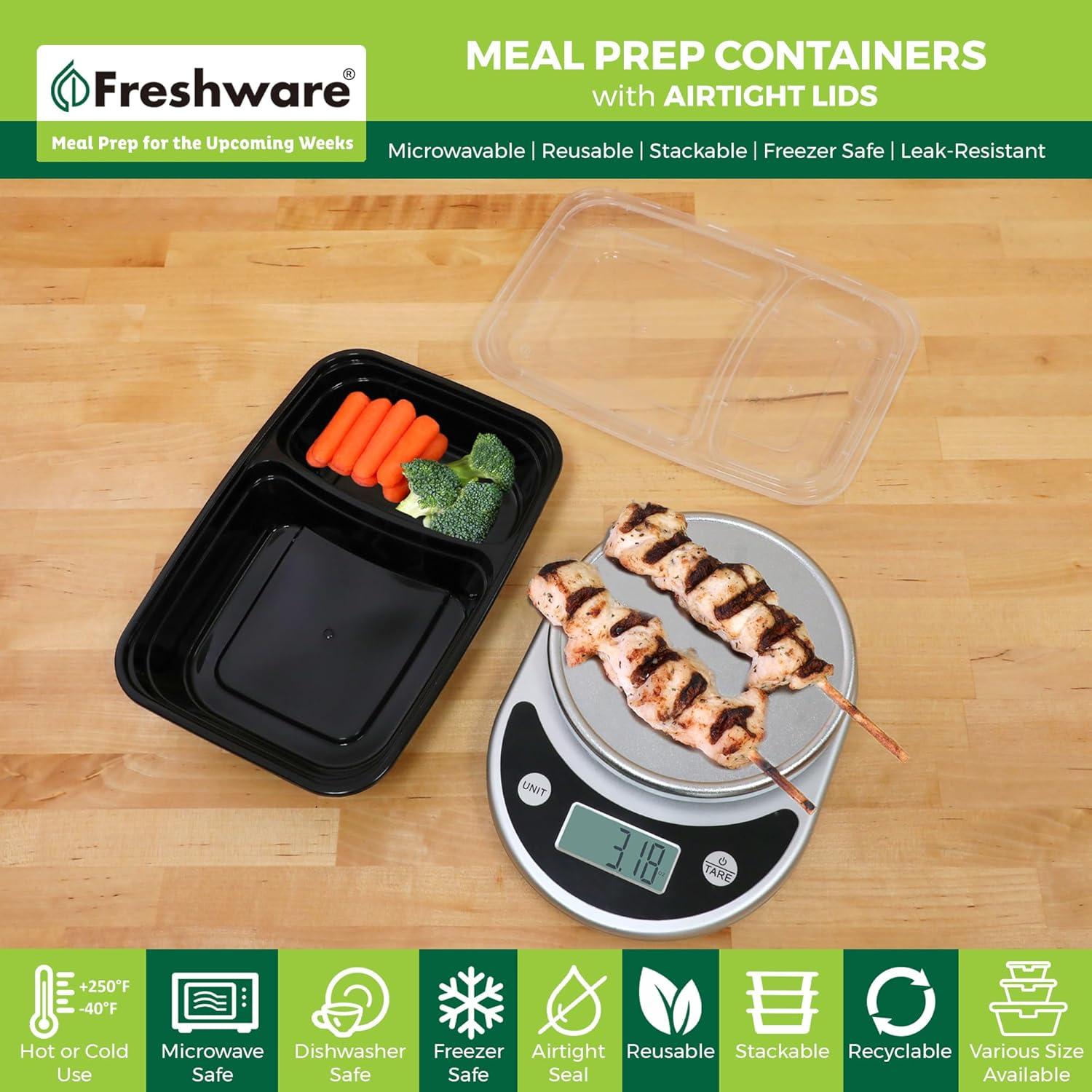 imageFreshware Meal Prep Containers 150 Pack 1 Compartment Food Storage Containers with Lids Bento Box BPA Free Stackable MicrowaveDishwasherFreezer Safe 28 ozBlack
