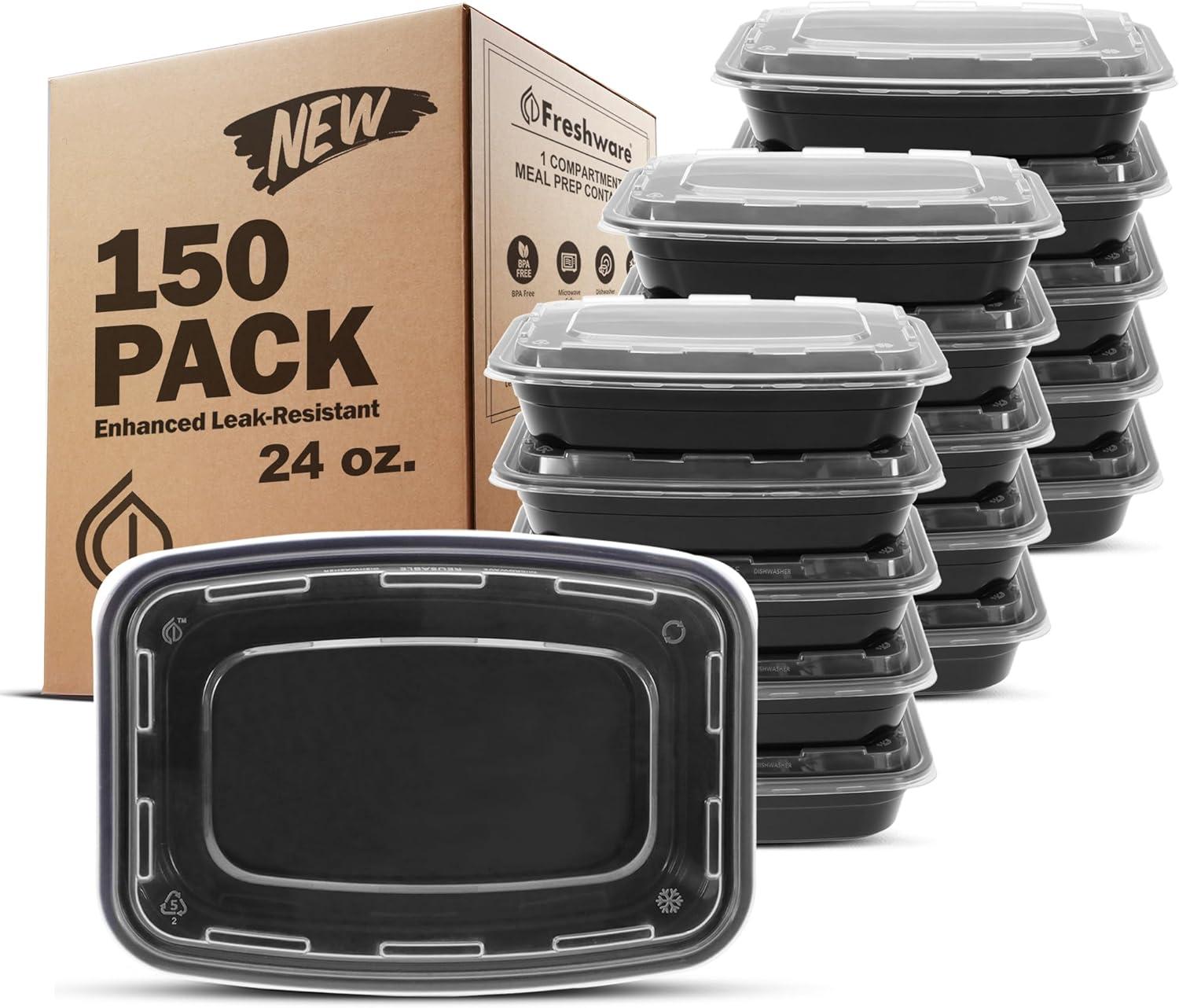 imageFreshware Meal Prep Containers 150 Pack 1 Compartment Food Storage Containers with Lids Bento Box BPA Free Stackable MicrowaveDishwasherFreezer Safe 28 ozBlack