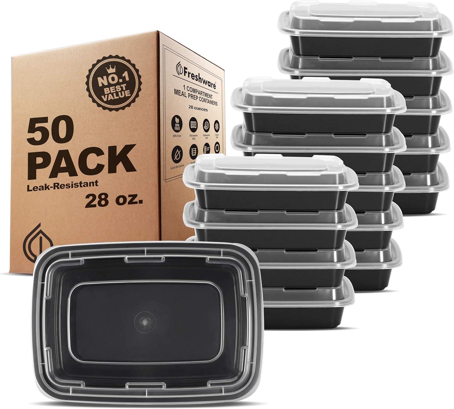 imageFreshware Meal Prep Containers 150 Pack 1 Compartment Food Storage Containers with Lids Bento Box BPA Free Stackable MicrowaveDishwasherFreezer Safe 28 ozBlack