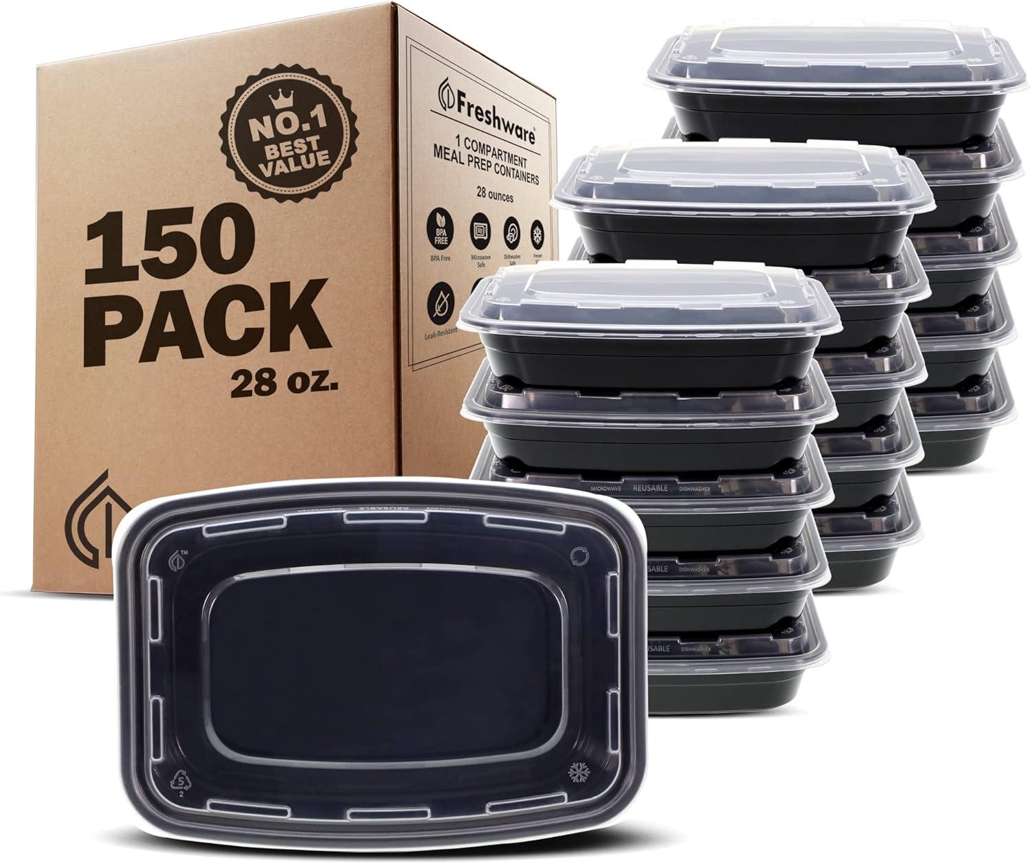 imageFreshware Meal Prep Containers 150 Pack 1 Compartment Food Storage Containers with Lids Bento Box BPA Free Stackable MicrowaveDishwasherFreezer Safe 28 ozBlack