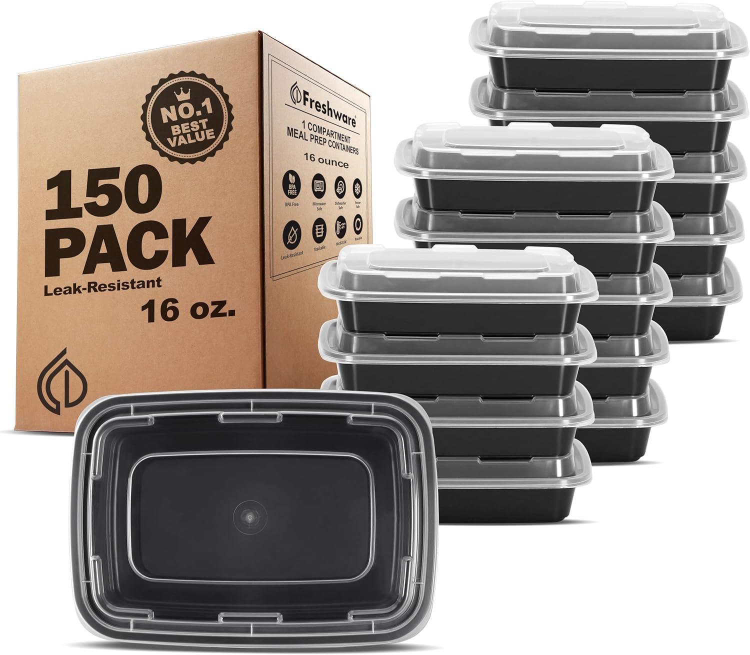 imageFreshware Meal Prep Containers 150 Pack 1 Compartment Food Storage Containers with Lids Bento Box BPA Free Stackable MicrowaveDishwasherFreezer Safe 28 ozBlack