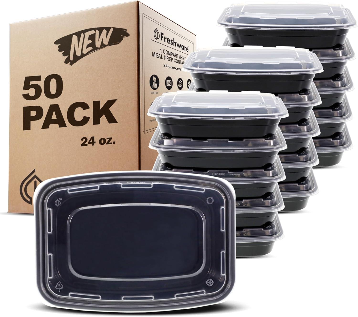 imageFreshware Meal Prep Containers 150 Pack 1 Compartment Food Storage Containers with Lids Bento Box BPA Free Stackable MicrowaveDishwasherFreezer Safe 28 ozBlack