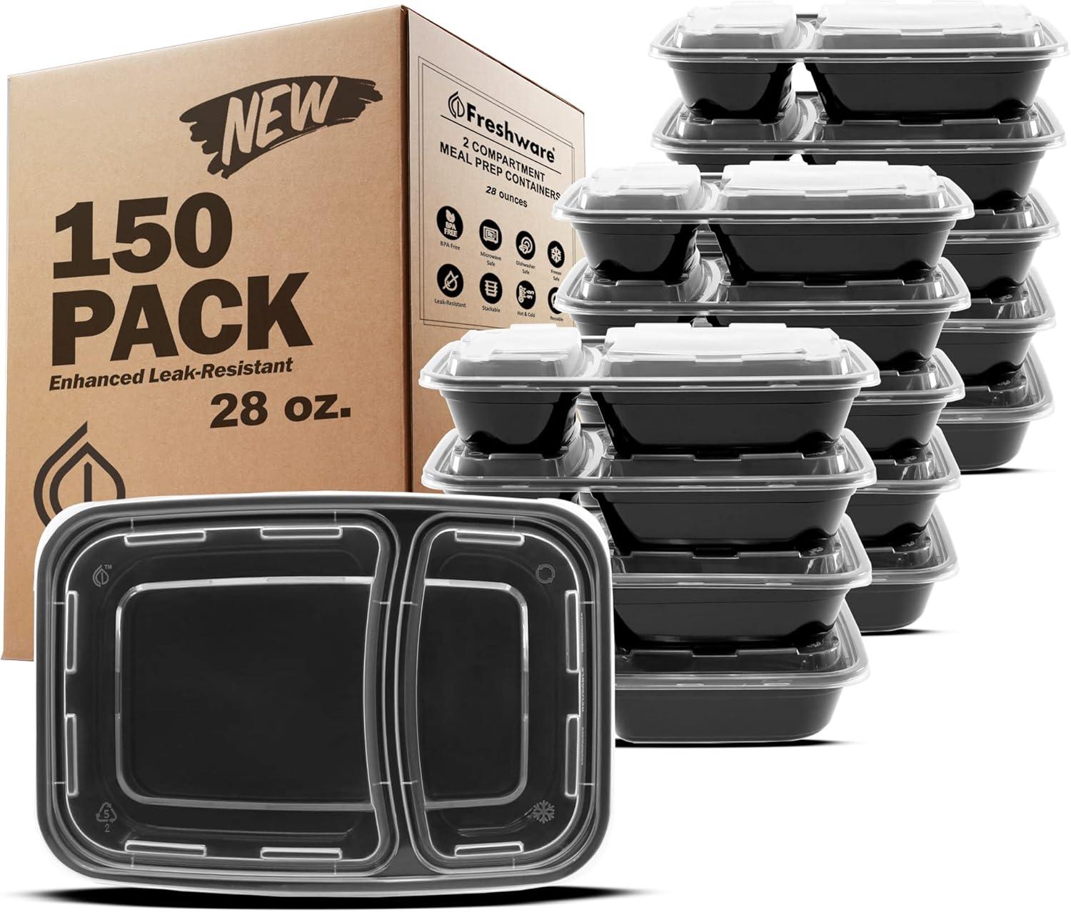 imageFreshware Meal Prep Containers 150 Pack 1 Compartment Food Storage Containers with Lids Bento Box BPA Free Stackable MicrowaveDishwasherFreezer Safe 28 ozBlack