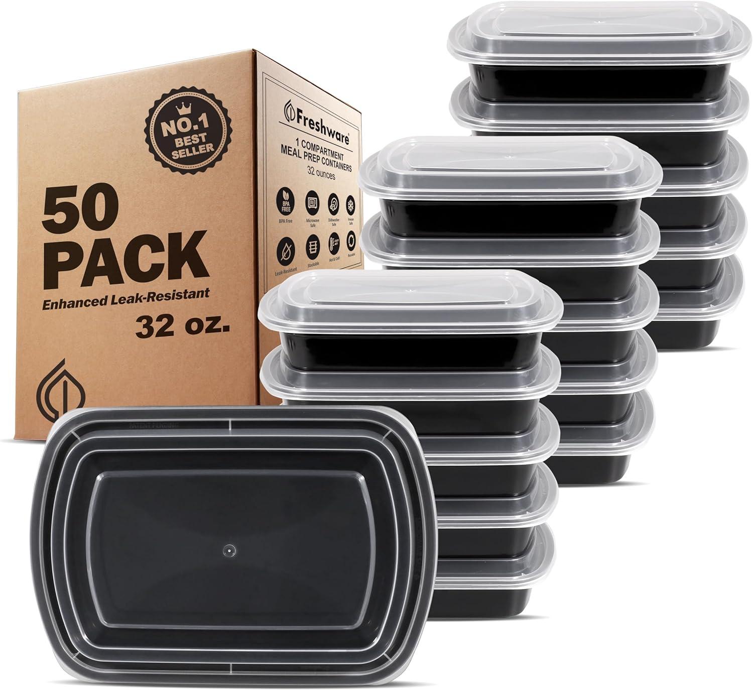 imageFreshware Meal Prep Containers 150 Pack 1 Compartment Food Storage Containers with Lids Bento Box BPA Free Stackable MicrowaveDishwasherFreezer Safe 28 ozBlack