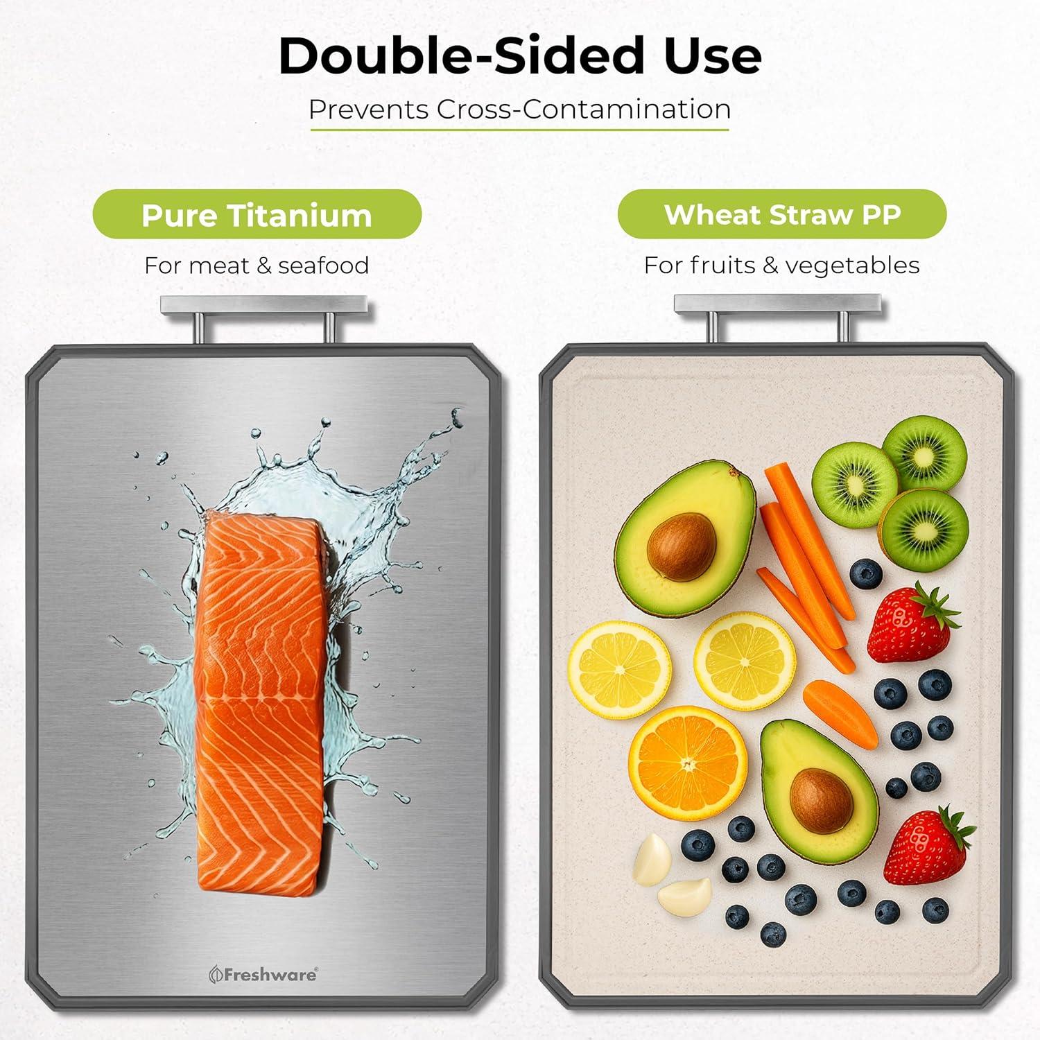 imageFreshware Titanium Cutting Board for Kitchen Double Sided and Non Slip Cutting Boards Pure TitaniumPP Chopping Board with Juice Grooves Dishwasher Safe Large 152 by 105Set of 2