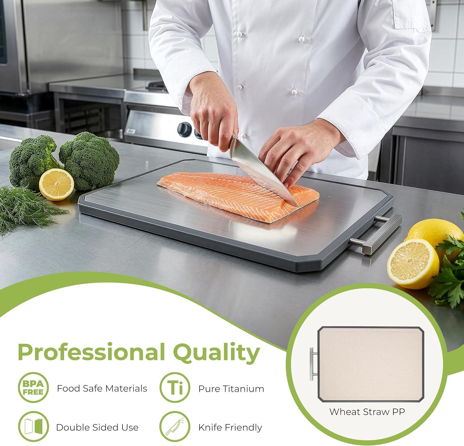 imageFreshware Titanium Cutting Board for Kitchen Double Sided and Non Slip Cutting Boards Pure TitaniumPP Chopping Board with Juice Grooves Dishwasher Safe Large 152 by 105Set of 2