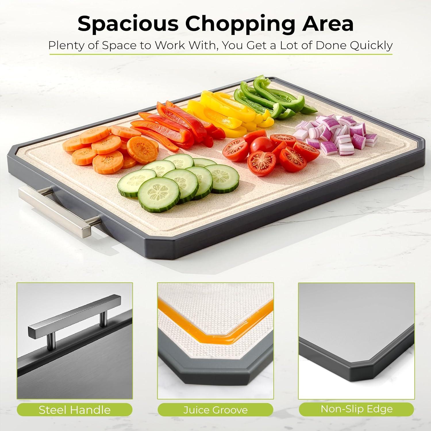 imageFreshware Titanium Cutting Board for Kitchen Double Sided and Non Slip Cutting Boards Pure TitaniumPP Chopping Board with Juice Grooves Dishwasher Safe Large 152 by 105Set of 2