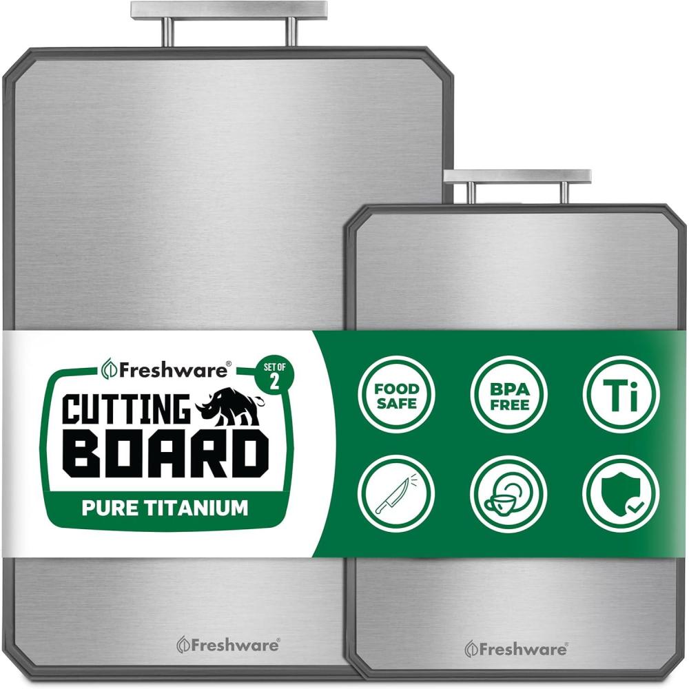 imageFreshware Titanium Cutting Board for Kitchen Double Sided and Non Slip Cutting Boards Pure TitaniumPP Chopping Board with Juice Grooves Dishwasher Safe Large 152 by 105Set of 2