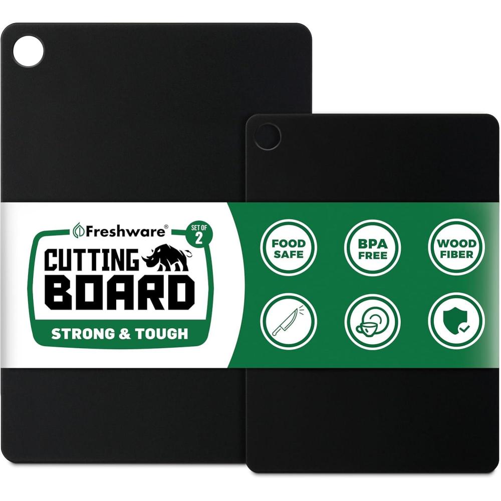 imageFreshware Wood Cutting Boards for Kitchen Dishwasher Safe Medium 12 x 9 and Large 15 x 1125 Set of 2 BlackSet of 2 No Groove Black